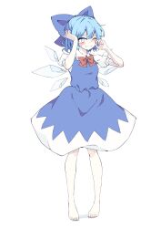 Rule 34 | 1girl, barefoot, blue bow, blue dress, blue eyes, blue hair, blush, bow, cirno, clenched teeth, collared shirt, commentary, crying, dress, fairy wings, feet, full body, furrowed brow, hair bow, hands up, highres, ice, ice wings, looking at viewer, neck ribbon, pinafore dress, puffy sleeves, red ribbon, ribbon, rubbing eyes, sad, seika okawari, shirt, short hair, short sleeves, simple background, sleeveless, sleeveless dress, solo, standing, tears, teeth, touhou, white background, white shirt, wings