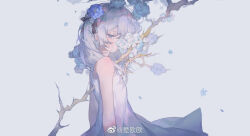 Rule 34 | 1girl, azuma seren, bare shoulders, black ribbon, blanche fleur, blue eyes, blue flower, blue rose, chinese commentary, closed mouth, clothes lift, commentary request, crying, crying with eyes open, dress, dress lift, flower, flower request, from side, hair flower, hair ornament, hair ribbon, half-closed eye, highres, impaled, light frown, looking at viewer, medium hair, one eye covered, petals, plant, pleated dress, ribbon, rose, short dress, sleeveless, sleeveless dress, streaming tears, striped ribbon, tears, upper body, vines, virtual youtuber, weibo logo, weibo watermark, white background, white dress, white flower, white hair, yunouou10