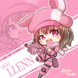 Rule 34 | 1girl, animal hat, asimo953, blush, brown hair, bullpup, character name, chibi, commentary request, copyright name, d:, eyes visible through hair, gloves, gun, hat, highres, holding, holding gun, holding weapon, jacket, leg up, llenn (sao), long sleeves, looking at viewer, nendoroid, open mouth, outline, p-chan (p90), p-chan (sao), p90, pants, personal defense weapon, pink background, pink eyes, pink gloves, pink hat, pink jacket, pink pants, rabbit hat, round teeth, short hair, simple background, slit pupils, solo, submachine gun, sword art online, sword art online alternative: gun gale online, teeth, twitter username, v-shaped eyebrows, weapon, white outline, zoom layer