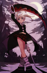 Rule 34 | 00s, 1girl, blonde hair, boots, clothes, full body, gloves, green eyes, maka albarn, moon, scythe, short twintails, skirt, solo, soul eater, twintails, walrus-ruin