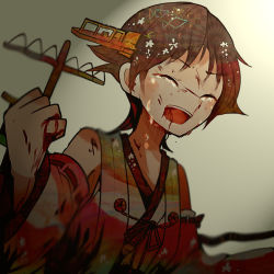 Rule 34 | 10s, 1girl, bare shoulders, blood, blood from mouth, blood on hands, blush, brown hair, cannon, crying, detached sleeves, closed eyes, hairband, headgear, hiei (kancolle), injury, itomugi-kun, japanese clothes, kantai collection, nontraditional miko, open mouth, personification, short hair, skirt, tears, turret