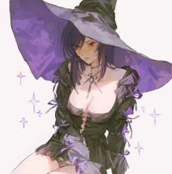 Rule 34 | 1girl, blush, breasts, cleavage, grey hat, gundam, hat, highres, huangdanlan, jewelry, long hair, long sleeves, necklace, original, purple hair, purple hat, red eyes, ribbon, simple background, solo, thighs, white background, witch, witch hat