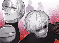Rule 34 | 4boys, absurdres, arima kishou, armor, black sclera, character name, colored sclera, commentary request, flower, glasses, hand up, heterochromia, highres, kaneki ken, looking at viewer, male focus, multicolored hair, multiple boys, portrait, red background, red eyes, red flower, sasaki haise, shirt, short hair, shoulder armor, smile, stfr (stfr kaz), tokyo ghoul, two-tone hair, white background