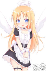 Rule 34 | 1other, alternate costume, angel, angel wings, apron, black dress, blonde hair, blue eyes, blush, braid, broken halo, chibi, chibi inset, commentary request, crimvael, dress, enmaided, frilled apron, frills, hair ornament, halo, highres, ishuzoku reviewers, long hair, maid, maid apron, open mouth, parted bangs, pointy ears, puffy short sleeves, puffy sleeves, satori (ymoy), short sleeves, simple background, solo focus, stunk, tears, thigh strap, very long hair, wavy mouth, white apron, white background, white wings, wings, x hair ornament, zel (ishuzoku reviewers)