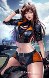 Rule 34 | 1girl, artist name, belt, black gloves, blush, brawler (dungeon and fighter), breasts, brown eyes, brown hair, character request, cleavage, cloud, cowboy shot, dungeon and fighter, female focus, fighter (dungeon and fighter), fingerless gloves, gloves, hair ornament, highres, jacket, large breasts, lips, long hair, matching hair/eyes, midriff, milkychu, motor vehicle, motorcycle, navel, outdoors, short shorts, shorts, sky, solo, thighs