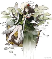Rule 34 | 1girl, :o, bare legs, bity3155660241, blunt ends, brown hair, character request, circle, cloud, commentary, doll, english commentary, feathered wings, feet, flower, full body, green flower, green kimono, green rose, green sleeves, haori, head wings, holding, holding doll, japanese clothes, kimono, long hair, long sleeves, mountain, multiple wings, object request, onmyoji, open clothes, open mouth, open robe, outstretched arm, ponytail, robe, rose, short kimono, simple background, sitting, solo, toes, water, waterfall, watermark, weibo logo, weibo watermark, white background, white wings, wide sleeves, wings, yellow eyes