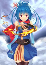Rule 34 | 1girl, arm guards, bare shoulders, beads, black thighhighs, blue hair, blush, breasts, cowboy shot, crescent, fire, full moon, gauntlets, hair ornament, hair stick, highres, holding, holding weapon, japanese clothes, kimono, kuji-in, kunai, kurohachiboku, light smile, looking at viewer, moon, night, night sky, ninja, ninja (ragnarok online), no panties, obi, outdoors, outstretched arm, pinwheel, ragnarok online, red eyes, reverse grip, sash, scarf, short kimono, sky, small breasts, solo, standing, star (sky), starry sky, thigh gap, thighhighs, weapon, zettai ryouiki