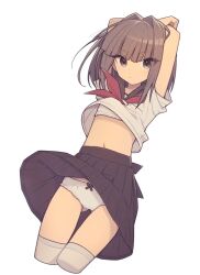 Rule 34 | 1girl, arms up, black sailor collar, black skirt, bow, bow panties, bra, brown hair, clothes lift, cowboy shot, cropped legs, crotch seam, everyntrge, female focus, flat chest, gluteal fold, grey eyes, hair intakes, looking at viewer, medium hair, midriff, neckerchief, original, panties, pleated skirt, red neckerchief, sailor collar, school uniform, serafuku, shirt, shirt lift, short sleeves, simple background, skirt, skirt lift, solo, thigh gap, thighhighs, thighs, underwear, white background, white bra, white panties, white shirt, white thighhighs, wind, wind lift
