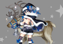 Rule 34 | 1girl, antlers, ass, back, bell, black hair, black santa costume, blue eyes, boots, bow, breasts, candy, candy cane, capelet, christmas, cross, elbow gloves, facial mark, food, from behind, gift, gloves, hat, hood basket, horns, kayou (kayou-bi), lace, looking back, medium breasts, original, reindeer, saddle, santa costume, short hair, solo, star-shaped pupils, star (symbol), star facial mark, symbol-shaped pupils, thighhighs, witch hat