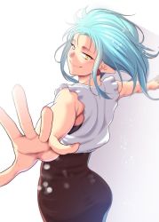 Rule 34 | 1girl, alternate hairstyle, aqua eyes, ass, black dress, blouse, commentary request, dekapoi, dress, from behind, hair down, long dress, looking at viewer, looking back, medium hair, outstretched arms, pointy ears, ryouko (tenchi muyou!), shirt, sleeveless, smile, solo, tenchi muyou!, yellow eyes