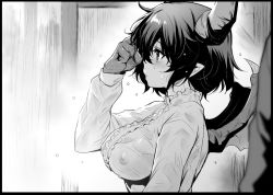 Rule 34 | 1girl, ball, black border, border, center frills, commentary request, covered erect nipples, dragon girl, dragon horns, dragon wings, frills, grea (shingeki no bahamut), greyscale, hair between eyes, hand up, horns, kztk, long sleeves, looking away, manaria friends, monochrome, nipples, no bra, pointy ears, profile, see-through, shingeki no bahamut, shirt, solo, upper body, wet, wet clothes, wet shirt, wings