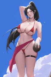 Rule 34 | 1girl, absurdres, alios arvin, arm up, armpits, bikini, black hair, blush, breasts, cleavage, coconut, drinking straw, earrings, highleg, highres, holding, jewelry, large breasts, long hair, looking at viewer, mature female, mole, mole on breast, necklace, original, parted lips, ponytail, purple eyes, red bikini, solo, swimsuit, thigh strap, thong bikini