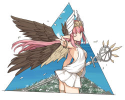 Rule 34 | 1girl, ass, blush, breasts, brown wings, circe (fate), commentary request, fate/grand order, fate (series), feathered wings, from side, head wings, holding, holding staff, jewelry, long hair, looking at viewer, one eye closed, pink hair, pointing, pointing at viewer, pointy ears, shiseki hirame, skirt, smile, solo, staff, white skirt, wings