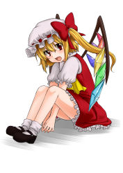 Rule 34 | 1girl, ascot, blonde hair, bobby socks, fang, female focus, fingernails, flandre scarlet, full body, hat, hat ribbon, head tilt, highres, legs up, looking at viewer, mary janes, monrooru, open mouth, red eyes, ribbon, shadow, shoes, short hair, short sleeves, side ponytail, simple background, sitting, skirt, socks, solo, touhou, v arms, vest, white background, wings