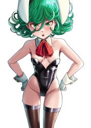 Rule 34 | 1girl, animal ears, bare shoulders, black leotard, blush, breasts, brown thighhighs, cleavage, collar, cowboy shot, curly hair, fake animal ears, female focus, gloves, green eyes, green hair, groin, hair between eyes, hands on own hips, highres, leotard, looking at viewer, matching hair/eyes, medium breasts, nico-mo, one-punch man, open mouth, rabbit ears, shiny skin, short hair, simple background, solo, standing, strapless, strapless leotard, tatsumaki, teeth, thighhighs, upper teeth only, white background, white gloves, wrist cuffs
