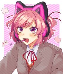 Rule 34 | 1girl, :d, animal ear headphones, animal ears, artist name, azuyan, blazer, blush, bob cut, breasts, brown sweater vest, cat ear headphones, cat ears, cat symbol, close-up, commentary, controller, d-pad, diagonal stripes, doki doki literature club, dress shirt, excited, eyelashes, fake animal ears, fang, game controller, grey jacket, hair ornament, hair ribbon, headphones, headset, highres, jacket, looking ahead, microphone, natsuki (doki doki literature club), neck ribbon, open mouth, pink background, pink eyes, pink hair, pink headphones, playing games, portrait, red ribbon, ribbon, school uniform, shirt, short hair, signature, sketch, small breasts, smile, solo, striped, sweater vest, swept bangs, two side up, upper body, v-shaped eyebrows, white shirt, x hair ornament