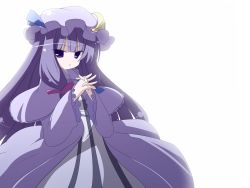 Rule 34 | 1girl, bloom, crescent, female focus, hair ribbon, own hands clasped, hat, highres, long hair, oka (bananashoe), own hands together, patchouli knowledge, purple eyes, purple hair, ribbon, robe, solo, touhou