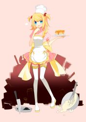 Rule 34 | 1girl, :q, absurdres, alternate costume, alternate hairstyle, apron, bad food, bad id, bad pixiv id, blonde hair, blue eyes, blush, butter, censored, chef hat, eggshell, food, frying pan, hair bobbles, hair ornament, hat, highres, kagamine rin, knife, looking at viewer, mosaic censoring, pancake, plate, puffy sleeves, ribbon, short hair, short sleeves, smile, solo, syrup, temari (deae), thighhighs, tongue, tongue out, twintails, vocaloid, weapon, white thighhighs, zettai ryouiki