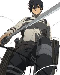 Rule 34 | 1girl, black eyes, black hair, black pants, breasts, collared shirt, commentary, english commentary, from below, frown, hair between eyes, highres, holding, holding sword, holding weapon, looking at viewer, looking down, malcolm (rocketboiart), medium breasts, mikasa ackerman, pants, shingeki no kyojin, shirt, short hair, solo, sword, weapon, white background, white shirt