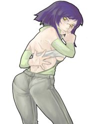 Rule 34 | 00s, 1girl, ass, back, breasts, detached sleeves, from behind, gender request, genderswap, glasses, gundam, gundam 00, looking back, open mouth, pants, pantylines, purple hair, sarashi, short hair, sideboob, solo, tieria erde, tight clothes, tight pants, wnazo, yellow eyes