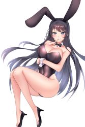 Rule 34 | 10s, 1girl, animal ears, black bow, black bowtie, black footwear, black hair, black leotard, bow, bowtie, breasts, cleavage, crimecrime, detached collar, fake animal ears, hair ornament, hairclip, high heels, highres, invisible chair, large breasts, leotard, long hair, looking at viewer, playboy bunny, purple eyes, rabbit ears, rabbit girl, rabbit tail, sakurajima mai, seishun buta yarou, simple background, sitting, smile, solo, strapless, strapless leotard, tail, white background, wrist cuffs