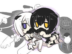 Rule 34 | 10s, 2girls, abyssal ship, abyssal twin princess (black), backless dress, backless outfit, black hair, chibi, commentary request, dress, elbow gloves, gas mask, gloves, goma (gomasamune), hair between eyes, hair ornament, holding hands, highres, kantai collection, kneeling, looking at viewer, mask, multiple girls, night strait princess (white), oxygen mask, purple eyes, rigging, short hair, siblings, sitting, sleeveless, sleeveless dress, teeth, thighhighs, twins, white background, white hair, yellow eyes