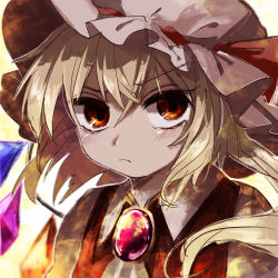 Rule 34 | 1girl, :&lt;, absurdres, angry, ascot, blonde hair, blouse, brooch, closed mouth, collared shirt, commentary request, crossed bangs, crystal, flandre scarlet, hair between eyes, hat, hat ribbon, highres, jewelry, looking at viewer, maa (forsythia1729), medium hair, mob cap, multicolored wings, puffy short sleeves, puffy sleeves, red brooch, red eyes, red ribbon, red vest, ribbon, ribbon-trimmed headwear, ribbon trim, shirt, short sleeves, side ponytail, solo, touhou, upper body, v-shaped eyebrows, vest, white ascot, white hat, white shirt, wings