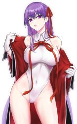 Rule 34 | 1girl, absurdres, bare shoulders, bat wings, bb (fate), bb (fate) (all), bb (swimsuit mooncancer) (fate), bb (swimsuit mooncancer) (third ascension) (fate), black coat, blush, breasts, coat, covered navel, fate/grand order, fate (series), gloves, hair ribbon, highleg, highleg leotard, highres, kugiseiichi, large breasts, leotard, long hair, looking at viewer, neck ribbon, off shoulder, open clothes, open coat, parted lips, purple eyes, purple hair, red ribbon, ribbon, smile, solo, thighs, variant set, very long hair, white background, white gloves, white leotard, wings