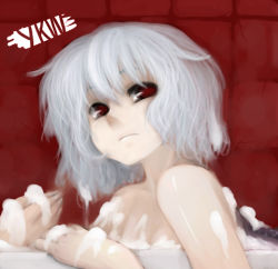 Rule 34 | 1girl, bath, completely nude, female focus, frown, lowres, nude, red background, red eyes, remilia scarlet, short hair, silver hair, soap bubbles, solo, touhou