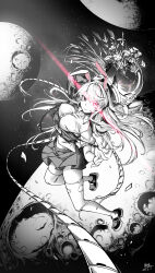 Rule 34 | 1girl, absurdres, animal ears, arm up, blazer, breasts, broken glass, broken helmet, button gap, commentary request, dated, flower, full body, glass, greyscale, helmet, highres, holding, holding helmet, jacket, long hair, looking at viewer, monochrome, multiple moons, parted lips, pink eyes, pleated skirt, puffy short sleeves, puffy sleeves, qingwa chi she, rabbit ears, rabbit girl, reisen udongein inaba, rope, shirt, shoes, short sleeves, signature, skirt, solo, space, space helmet, spot color, thighhighs, torn clothes, torn jacket, torn thighhighs, touhou