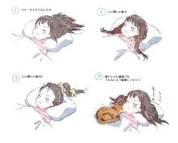 Rule 34 | 1girl, animal, black hair, blush stickers, braid, cat, closed eyes, commentary request, drooling, gomennasai, long hair, low twintails, lying, mouth drool, multiple views, on back, original, parted lips, pillow, ponytail, shirt, sleeping, striped clothes, striped shirt, sweat, translation request, trembling, twin braids, twintails, under covers, white background