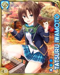 Rule 34 | 1girl, barbeque, belt, blazer, blue bow, blue jacket, bow, brown hair, buttons, card, character name, chopsticks, cooking, girlfriend (kari), goggles, grey eyes, grill, holding, iwamoto tatsuru, jacket, kneeling, leaves, mushroom, official art, open mouth, outdoors, paper, plaid, plaid skirt, ponytail, pouch, qp:flapper, shirt, skirt, smile, solo, tagme, white shirt