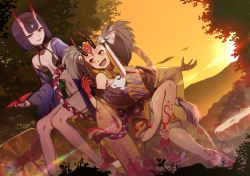 Rule 34 | 2girls, :d, bad id, bad pixiv id, bare shoulders, breasts, brown eyes, brown hair, claws, dutch angle, eyeshadow, fate/grand order, fate (series), floral print, horns, ibaraki douji (fate), japanese clothes, kimono, leg ribbon, leg tattoo, looking at another, makeup, multiple girls, naro0427, navel, open mouth, outdoors, outstretched arm, parted lips, purple hair, red ribbon, ribbon, short hair, shuten douji (fate), shuten douji (first ascension) (fate), sitting, small breasts, smile, sun, sunset, tattoo, tree, twintails