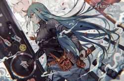 Rule 34 | 1girl, alternate costume, aqua eyes, arknights, badge, belt, belt pouch, breasts, button badge, character name, closed mouth, copyright name, cowboy shot, cuts, from side, giant, gloves, green hair, grey pants, grin, holding, holding shield, holding sword, holding weapon, horns, hoshiguma (arknights), hoshiguma (ronin huntress) (arknights), injury, jewelry, large breasts, layered clothes, lococo:p, long hair, long sleeves, looking at viewer, mask, necklace, official alternate costume, oni mask, pants, pendant, pouch, profile, reverse grip, sharp teeth, shield, sideways glance, single horn, skin-covered horns, sleeveless, smile, smirk, smoke, solo focus, sword, teeth, turtleneck, weapon, yellow eyes