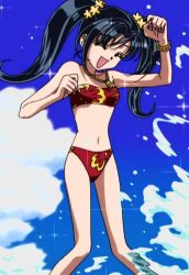 Rule 34 | bikini, black hair, bracelet, closed eyes, flower, gals!, happy, hoshino aya, jewelry, long hair, necklace, screencap, solo, stitched, swimsuit, third-party edit, twintails, very long hair, water