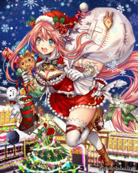 Rule 34 | 1girl, blush, bow, breasts, christmas ornaments, christmas stocking, christmas tree, cleavage, eikou no guardian battle, gloves, hat, highres, long hair, madogawa, open mouth, santa costume, santa hat, smile, snowflakes, snowing, solo, striped bow, stuffed animal, stuffed rabbit, stuffed toy, thighhighs, vertical-striped bow, very long hair, white gloves, white thighhighs