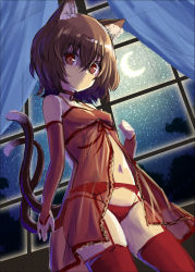 Rule 34 | 1girl, absurdres, animal ear fluff, babydoll, breasts, bridal gauntlets, brown eyes, brown hair, cat girl, cat tail, chemise, chen, crescent moon, curtains, elbow gloves, garter belt, gloves, hair between eyes, highres, hijikawa arashi, indoors, lingerie, looking at viewer, moon, multiple tails, navel, night, nipples, panties, red garter belt, red gloves, red panties, red thighhighs, see-through, short hair, sketch, sky, small breasts, solo, star (sky), starry moon, starry sky, stomach, tail, thighhighs, touhou, two tails, underwear, window