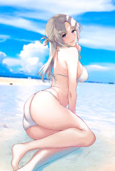 Rule 34 | 1girl, :d, ass, bare arms, bare legs, bare shoulders, barefoot, beach, bikini, blue sky, breasts, from behind, grey hair, halterneck, highres, large breasts, long hair, looking at viewer, looking back, open mouth, original, outdoors, pochi (pochi-goya), purple eyes, sky, smile, solo, string bikini, swimsuit, water, wet