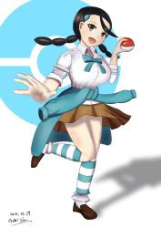 Rule 34 | black hair, blue sweater, breasts, candice (pokemon), clothes around waist, creatures (company), game freak, geki sum, highres, huge breasts, large breasts, legs, long hair, looking at viewer, miniskirt, multi-tied hair, nintendo, poke ball, pokemon, pokemon dppt, shoes, skirt, socks, sweater, sweater around waist