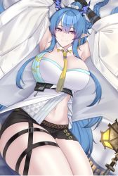 Rule 34 | 1girl, absurdres, arknights, armpits, arms up, black shorts, blue hair, braid, breasts, closed mouth, dragon horns, hair ornament, highres, horns, kanta (kanta 077), large breasts, ling (arknights), long hair, lying, micro shorts, navel, on back, pointy ears, purple eyes, shorts, smile, solo, thigh strap, thighs