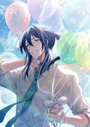 Rule 34 | 1boy, aiue o eiua, aqua eyes, balloon, blue hair, blue sky, cloud, collared shirt, commentary request, dated, english text, green necktie, grin, hand on own neck, happy, happy birthday, head tilt, highres, holding, holding balloon, idolish7, long hair, looking at viewer, male focus, necktie, oogami banri, outdoors, ponytail, rainbow, shirt, sidelocks, sky, sleeves rolled up, smile, solo, teeth, white shirt
