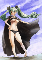 Rule 34 | 10s, 1girl, anchovy (girls und panzer), bare legs, bikini, black bikini, blush, breasts, cape, full body, girls und panzer, green hair, hair ribbon, hand on own hip, long hair, navel, open mouth, ribbon, ribs, smile, solo, standing, swimsuit, twintails, v-shaped eyebrows, yellow eyes, yohane