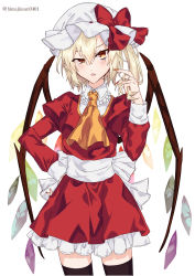 Rule 34 | 1girl, :o, blonde hair, blush, bow, cowboy shot, dress, eyes visible through hair, fingernails, flandre scarlet, frilled dress, frills, hair between eyes, hand on own hip, hat, hat bow, highres, himadera, mob cap, nail polish, puffy sleeves, red bow, red eyes, red nails, sharp fingernails, short hair, side ponytail, solo, thighhighs, thinking, touhou, twitter username, waist bow, white background, white hat, wings