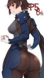 Rule 34 | 1girl, ass, bodysuit, breasts, brown hair, clenched hands, from behind, grin, highres, huge ass, kurosususu, large breasts, long scarf, looking at viewer, looking back, niijima makoto, persona, persona 5, red eyes, scarf, shiny clothes, short hair, sideboob, simple background, skin tight, smile, solo, white background