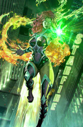 Rule 34 | 1girl, breasts, city, colored skin, comic cover, cover image, dc comics, fire, flying, glowing, glowing eyes, glowing hand, green eyes, highres, kael ngu, leotard, long hair, medium breasts, official art, open hand, orange skin, parted lips, purple leotard, purple thighhighs, red hair, solo, starfire, teen titans, thighhighs, v-shaped eyebrows, very long hair