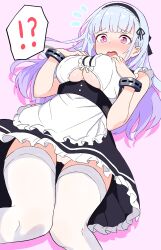 Rule 34 | !?, 1girl, apron, azur lane, black skirt, blush, body switch, bracer, breasts, cleavage, cleavage cutout, clothing cutout, dido (azur lane), embarrassed, from below, hands on own breasts, highres, large breasts, long hair, maid, maid headdress, o be3, open mouth, panties, panty peek, pantyshot, personality switch, pink background, pink eyes, shirt, simple background, skirt, solo, thigh gap, thighhighs, thighs, underboob, underwear, upskirt, waist apron, white apron, white hair, white panties, white shirt, white thighhighs