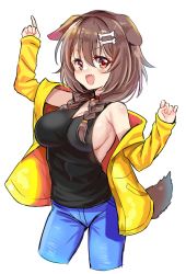 Rule 34 | 1girl, animal ears, blush, bone, braid, breasts, brown eyes, brown hair, denim, dog ears, dog tail, fang, hair ornament, hairclip, highres, hololive, inugami korone, jacket, jeans, long hair, md5 mismatch, open mouth, pants, sideboob, smile, solo, tail, unname, virtual youtuber