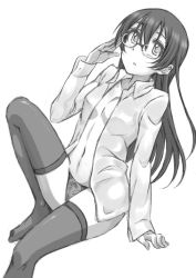 Rule 34 | 1girl, adjusting eyewear, ayumu-k, black thighhighs, blush, breasts, full body, glasses, highres, long hair, long sleeves, looking at viewer, love live!, love live! school idol project, monochrome, navel, open clothes, panties, parted lips, shirt, simple background, sitting, small breasts, solo, sonoda umi, thighhighs, underwear, white background