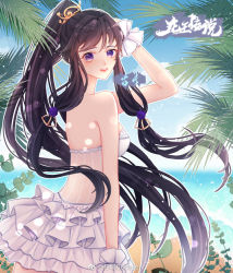 Rule 34 | 1girl, black hair, douluo dalu, dress, fern, from side, gu yue (douluo dalu), hair ornament, hand on own head, looking back, ponytail, purple eyes, sand, sidelocks, skirt, solo, strapless, strapless dress, swimsuit, water, white skirt, xiu cheng decadent
