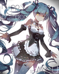 Rule 34 | 10s, 1girl, adapted costume, alternate costume, alternate eye color, aqua hair, bare shoulders, belt, character name, cosplay, dated, detached sleeves, dress, frills, garter straps, hair ornament, hairclip, happy birthday, hatsune miku, linfi-muu, long hair, looking at viewer, maid, re:zero kara hajimeru isekai seikatsu, rem (re:zero), rem (re:zero) (cosplay), revision, skirt, solo, sparkle, thighhighs, twintails, very long hair, vocaloid, white thighhighs, x hair ornament, yellow eyes